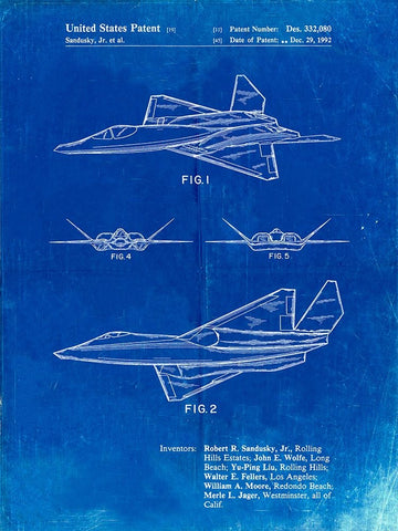 PP972-Faded Blueprint Northrop F-23 Fighter Stealth Plane Patent  White Modern Wood Framed Art Print with Double Matting by Borders, Cole