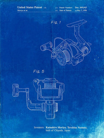 PP973-Faded Blueprint Open Face Spinning Fishing Reel Patent Poster White Modern Wood Framed Art Print with Double Matting by Borders, Cole