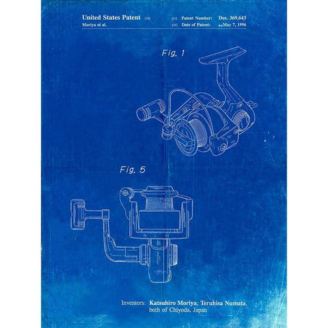 PP973-Faded Blueprint Open Face Spinning Fishing Reel Patent Poster White Modern Wood Framed Art Print by Borders, Cole