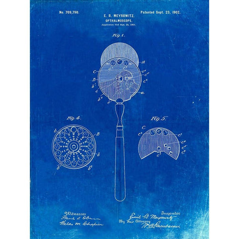 PP975-Faded Blueprint Ophthalmoscope Patent Poster White Modern Wood Framed Art Print by Borders, Cole