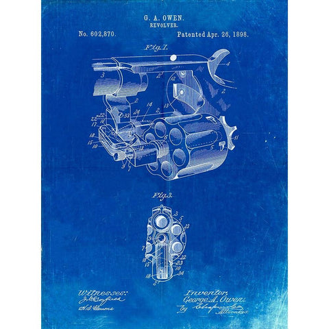 PP980-Faded Blueprint Owen Revolver Patent Art White Modern Wood Framed Art Print by Borders, Cole