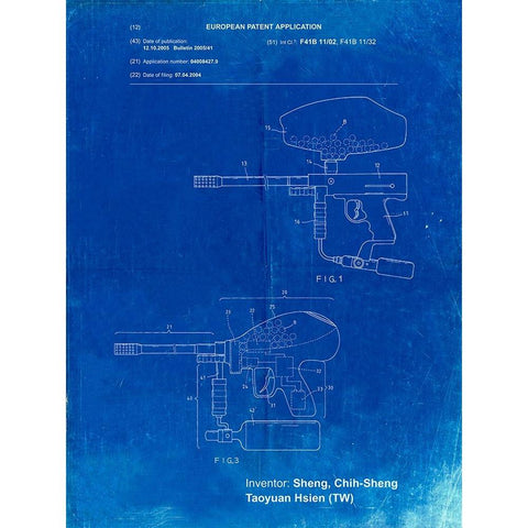 PP982-Faded Blueprint Paintball Gun Patent Art Gold Ornate Wood Framed Art Print with Double Matting by Borders, Cole