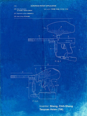 PP982-Faded Blueprint Paintball Gun Patent Art White Modern Wood Framed Art Print with Double Matting by Borders, Cole