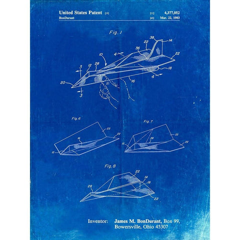 PP983-Faded Blueprint Paper Airplane Patent Poster White Modern Wood Framed Art Print by Borders, Cole