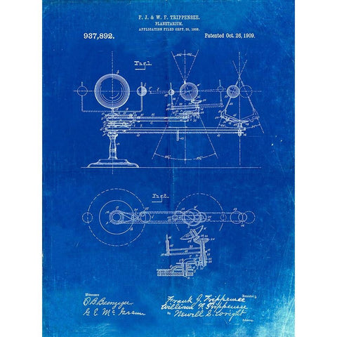 PP988-Faded Blueprint Planetarium 1909 Patent Poster White Modern Wood Framed Art Print by Borders, Cole