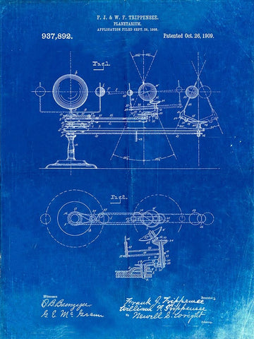 PP988-Faded Blueprint Planetarium 1909 Patent Poster Black Ornate Wood Framed Art Print with Double Matting by Borders, Cole