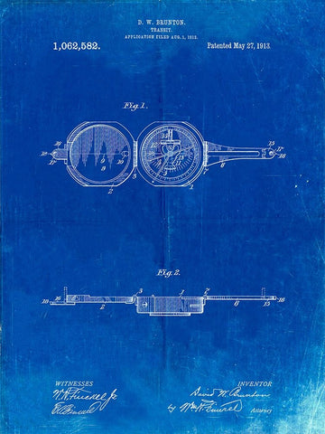PP992-Faded Blueprint Pocket Transit Compass 1919 Patent Poster White Modern Wood Framed Art Print with Double Matting by Borders, Cole
