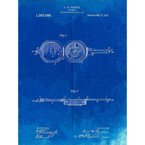 PP992-Faded Blueprint Pocket Transit Compass 1919 Patent Poster Black Modern Wood Framed Art Print by Borders, Cole