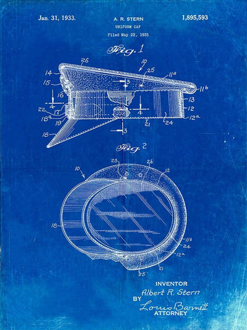 PP993-Faded Blueprint Police Hat 1933 Patent Poster White Modern Wood Framed Art Print with Double Matting by Borders, Cole