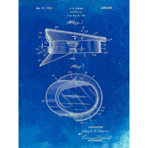 PP993-Faded Blueprint Police Hat 1933 Patent Poster White Modern Wood Framed Art Print by Borders, Cole