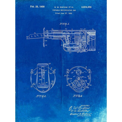PP996-Faded Blueprint Portable Reciprocating Saw Poster White Modern Wood Framed Art Print by Borders, Cole