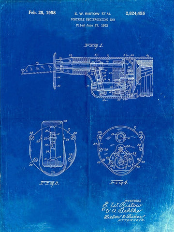 PP996-Faded Blueprint Portable Reciprocating Saw Poster White Modern Wood Framed Art Print with Double Matting by Borders, Cole