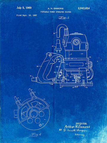 PP997-Faded Blueprint Porter Cable Hand Router Patent Poster White Modern Wood Framed Art Print with Double Matting by Borders, Cole