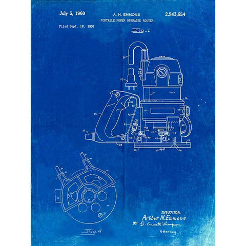 PP997-Faded Blueprint Porter Cable Hand Router Patent Poster Black Modern Wood Framed Art Print with Double Matting by Borders, Cole