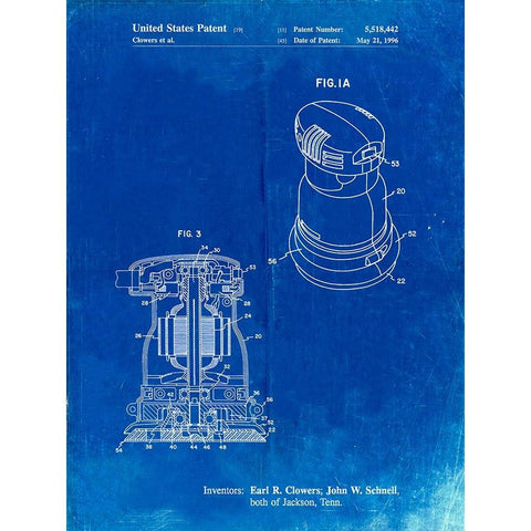 PP998-Faded Blueprint Porter Cable Palm Grip Sander Patent Poster White Modern Wood Framed Art Print by Borders, Cole
