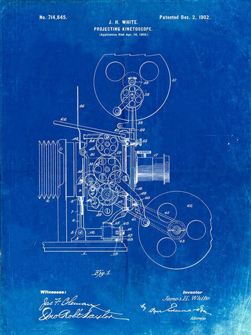 PP1000-Faded Blueprint Projecting Kinetoscope Patent Poster Black Ornate Wood Framed Art Print with Double Matting by Borders, Cole