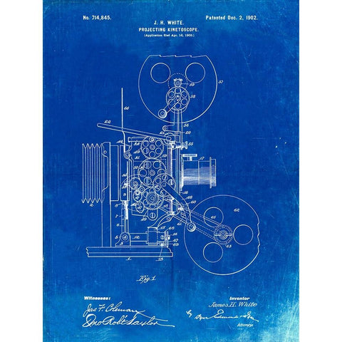 PP1000-Faded Blueprint Projecting Kinetoscope Patent Poster White Modern Wood Framed Art Print by Borders, Cole