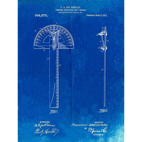 PP1002-Faded Blueprint Protractor T-Square Patent Poster Black Modern Wood Framed Art Print with Double Matting by Borders, Cole