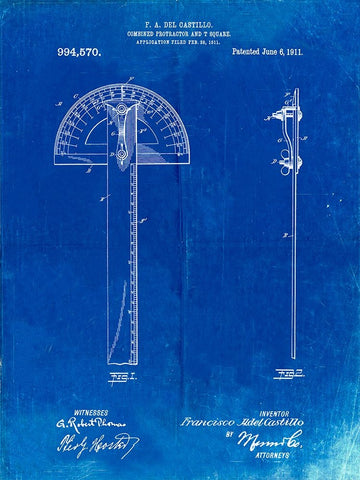 PP1002-Faded Blueprint Protractor T-Square Patent Poster White Modern Wood Framed Art Print with Double Matting by Borders, Cole