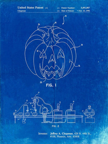 PP1003-Faded Blueprint Pumpkin Patent Poster White Modern Wood Framed Art Print with Double Matting by Borders, Cole