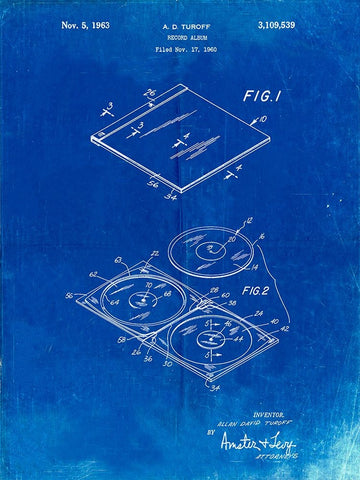 PP1008-Faded Blueprint Record Album Patent Poster White Modern Wood Framed Art Print with Double Matting by Borders, Cole