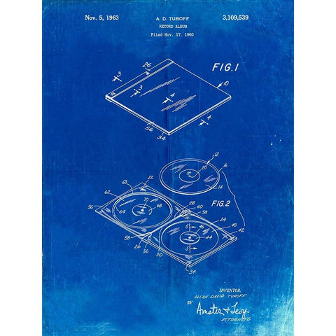 PP1008-Faded Blueprint Record Album Patent Poster White Modern Wood Framed Art Print by Borders, Cole