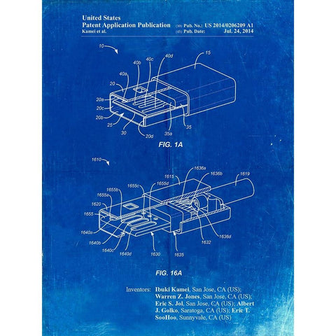 PP1013-Faded Blueprint Reversible USB Patent Poster White Modern Wood Framed Art Print by Borders, Cole