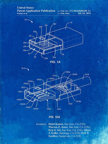 PP1013-Faded Blueprint Reversible USB Patent Poster White Modern Wood Framed Art Print with Double Matting by Borders, Cole