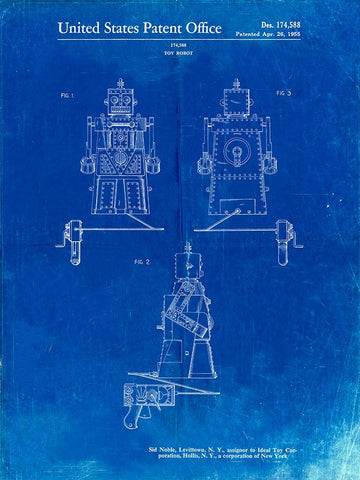 PP1014-Faded Blueprint Robert the Robot 1955 Toy Robot Patent Poster White Modern Wood Framed Art Print with Double Matting by Borders, Cole