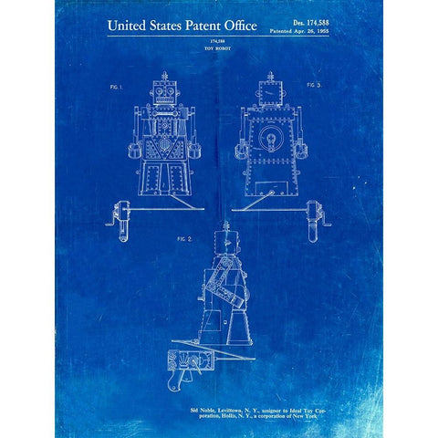 PP1014-Faded Blueprint Robert the Robot 1955 Toy Robot Patent Poster White Modern Wood Framed Art Print by Borders, Cole