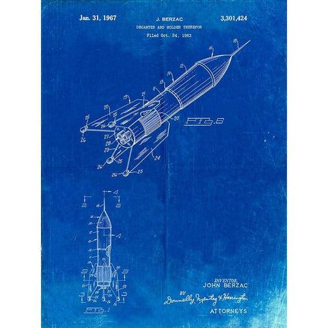 PP1016-Faded Blueprint Rocket Ship Concept 1963 Patent Poster White Modern Wood Framed Art Print by Borders, Cole