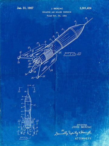 PP1016-Faded Blueprint Rocket Ship Concept 1963 Patent Poster White Modern Wood Framed Art Print with Double Matting by Borders, Cole