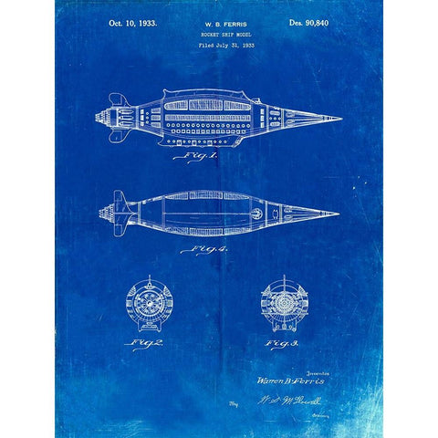 PP1017-Faded Blueprint Rocket Ship Model Patent Poster Black Modern Wood Framed Art Print with Double Matting by Borders, Cole