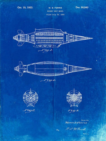 PP1017-Faded Blueprint Rocket Ship Model Patent Poster White Modern Wood Framed Art Print with Double Matting by Borders, Cole