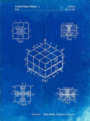 PP1022-Faded Blueprint Rubiks Cube Patent Poster White Modern Wood Framed Art Print with Double Matting by Borders, Cole