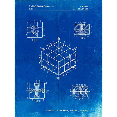 PP1022-Faded Blueprint Rubiks Cube Patent Poster Black Modern Wood Framed Art Print by Borders, Cole