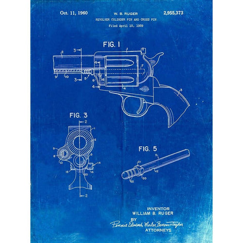 PP1023-Faded Blueprint Ruger Revolver Patent Art Gold Ornate Wood Framed Art Print with Double Matting by Borders, Cole