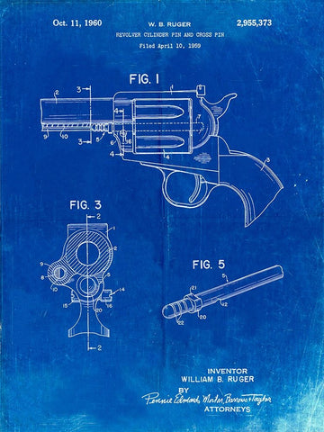 PP1023-Faded Blueprint Ruger Revolver Patent Art Black Ornate Wood Framed Art Print with Double Matting by Borders, Cole