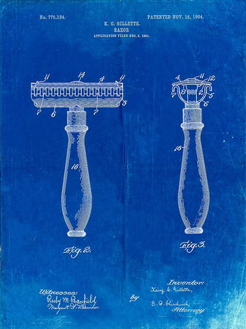 PP1026-Faded Blueprint Safety Razor Patent Poster White Modern Wood Framed Art Print with Double Matting by Borders, Cole