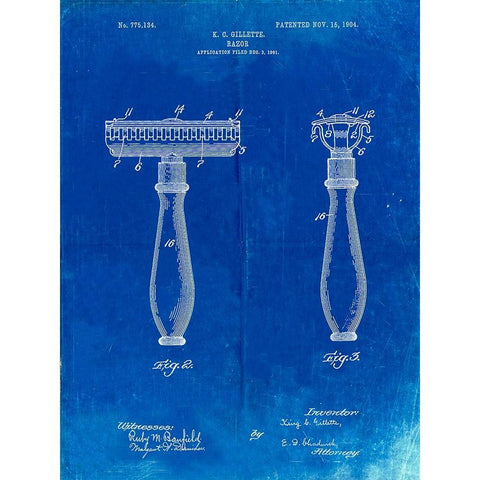 PP1026-Faded Blueprint Safety Razor Patent Poster Black Modern Wood Framed Art Print by Borders, Cole