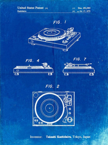 PP1028-Faded Blueprint Sansui Turntable 1979 Patent Poster Black Ornate Wood Framed Art Print with Double Matting by Borders, Cole