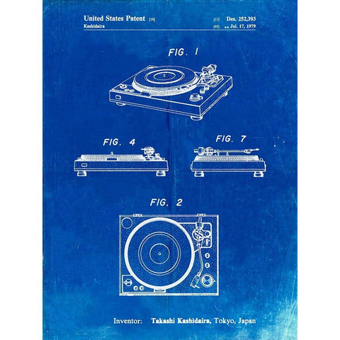 PP1028-Faded Blueprint Sansui Turntable 1979 Patent Poster Black Modern Wood Framed Art Print by Borders, Cole