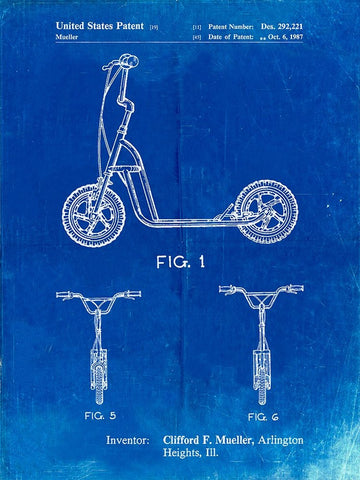 PP1030-Faded Blueprint Scooter Patent Art, 80s Toys, 80s Decor, PP1030 Black Ornate Wood Framed Art Print with Double Matting by Borders, Cole