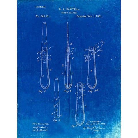 PP1032-Faded Blueprint Screw Driver Patent 1881 Wall Art Poster Gold Ornate Wood Framed Art Print with Double Matting by Borders, Cole