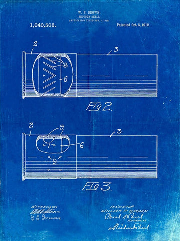 PP1033-Faded Blueprint Shotgun Shell Patent Print White Modern Wood Framed Art Print with Double Matting by Borders, Cole