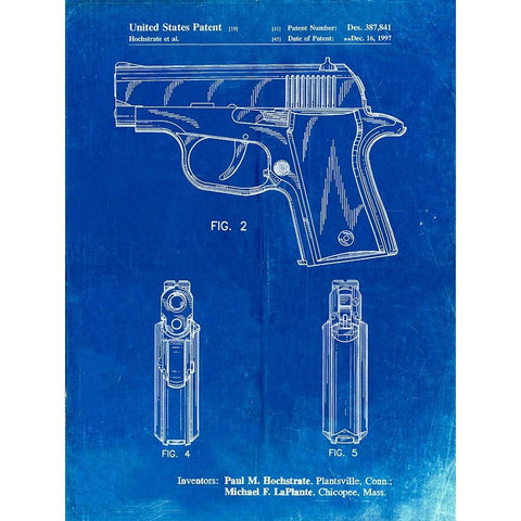 PP1034-Faded Blueprint Sig Sauer P220 Pistol Patent Poster White Modern Wood Framed Art Print by Borders, Cole