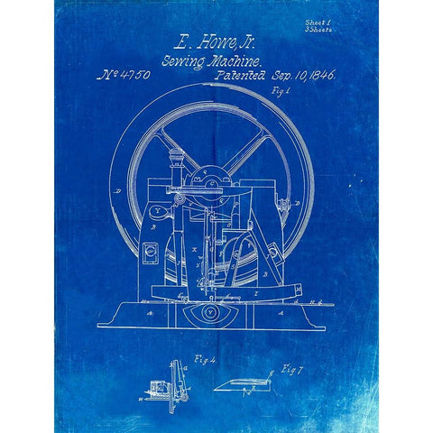 PP1035-Faded Blueprint Singer Sewing Machine Patent Poster White Modern Wood Framed Art Print by Borders, Cole