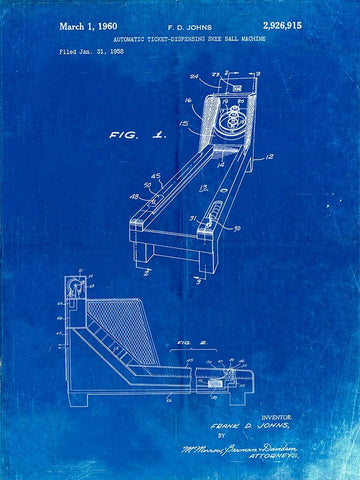 PP1036-Faded Blueprint Skee Ball Patent Poster Black Ornate Wood Framed Art Print with Double Matting by Borders, Cole