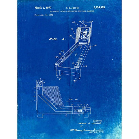 PP1036-Faded Blueprint Skee Ball Patent Poster White Modern Wood Framed Art Print by Borders, Cole