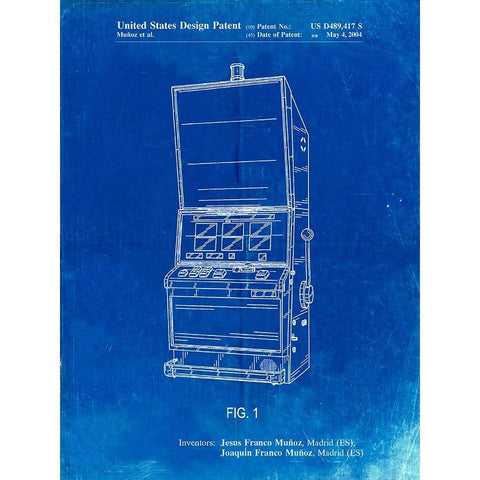 PP1043-Faded Blueprint Slot Machine Patent Poster White Modern Wood Framed Art Print by Borders, Cole